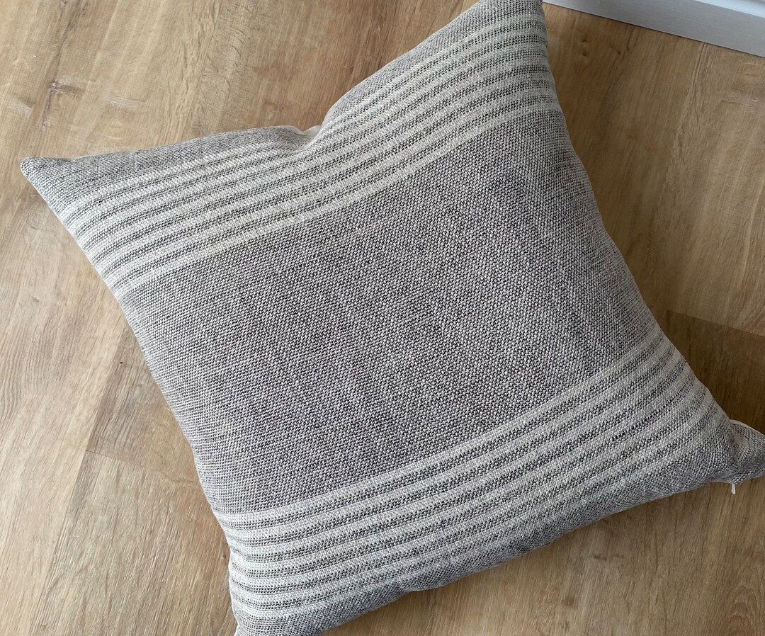 Designer Boho Linen Stripe Faded Black Natural Beige Gray Pillow Cover Cozy Textural Available