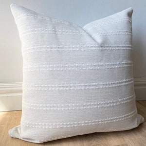 Modern coastal raised dotted stripe pillow cover cream white tone on tone textural boho multiple size high performance fabric  beach