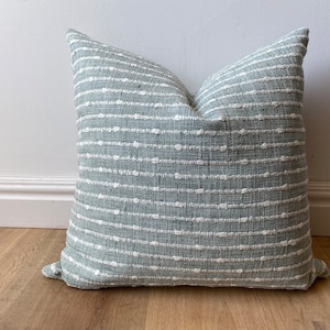 Woven stripe sky blue creamy white nubby chunky pillow cover artisan organic-feel available in multiple sizes hygge neutral Scandinavian