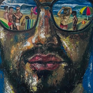 May include: An oil painting of a person's face with sunglasses reflecting a beach scene. The face is dark-skinned with a beard and red lips. The sunglasses reflect people on a beach with waves, umbrellas, and beachgoers.