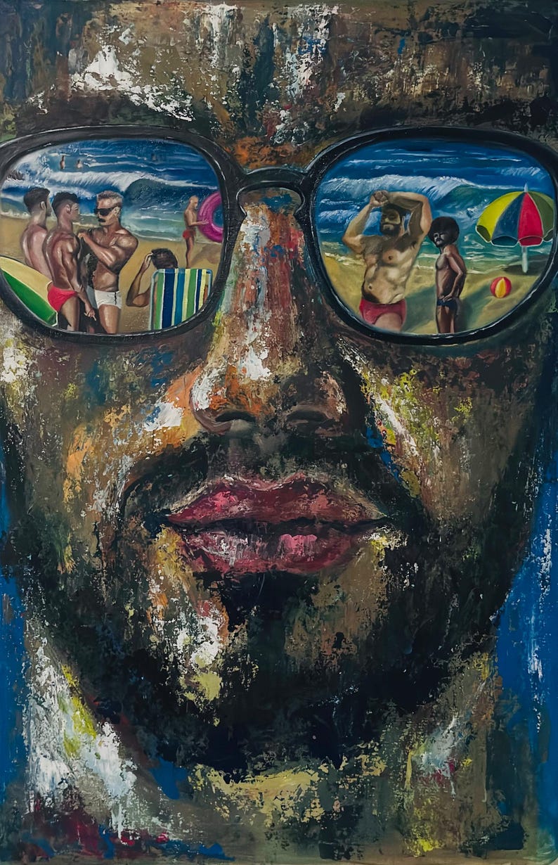 May include: An oil painting of a person's face with sunglasses reflecting a beach scene. The face is dark-skinned with a beard and red lips. The sunglasses reflect people on a beach with waves, umbrellas, and beachgoers.