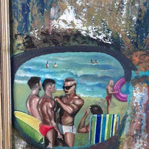 May include: Oil painting in a gold frame depicts a beach scene with several figures. The figures are in swimsuits, some in the water, others on the sand. A pink inflatable ring is visible. The painting has a textured, impressionistic style.