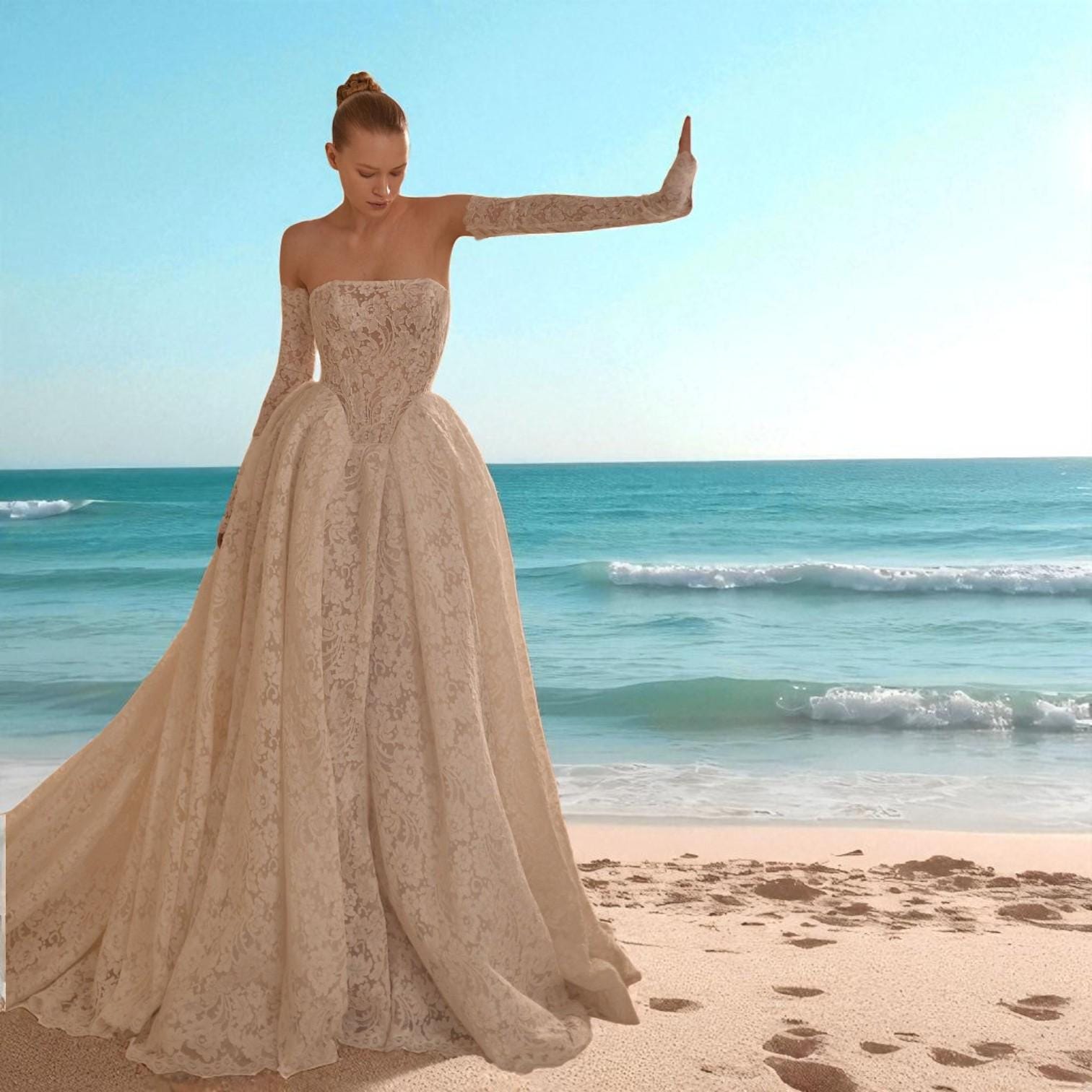 French Lace Helen Wedding Dress with Corset Waist | Off Shoulder Bridal Gown with Long Lace Sleeves and Romantic Flowing Skirt