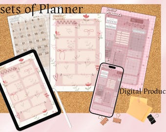 May include: A digital product image featuring three sets of planners: a monthly calendar, a weekly planner, and a daily planner. The planners have a pink and beige color scheme with floral and bow accents. A tablet and smartphone display the planner designs.