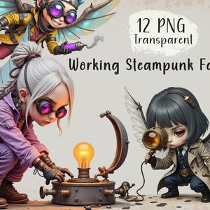 Steampunk Fairy Clipart Bundle, Whimsical Fairies, Fantasy Art, Craft Supplies, Scrapbooking, Small Commercial Use, Digital Download,