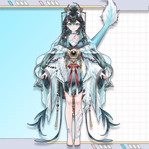 May include: Full-length illustration of a character in a flowing, ornate outfit. The character has long black hair with teal highlights, and is wearing a white and teal gown with red accents. The design incorporates feather-like details and a long, light blue tail.