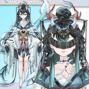 May include: An illustration of a character in a fantasy outfit. The character has long black hair, adorned with decorative headwear, and wears a white and teal dress with intricate details. The design includes red accents and a large central ornament.