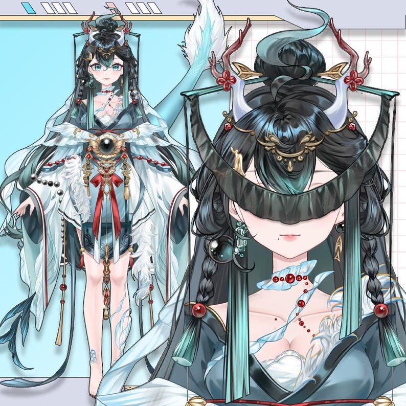 May include: An illustration of a character in a fantasy outfit. The character has long black hair, adorned with decorative headwear, and wears a white and teal dress with intricate details. The design includes red accents and a large central ornament.