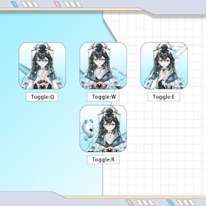 May include: A digital illustration featuring four character portraits with the text "Toggle:Q", "Toggle:W", "Toggle:E", and "Toggle:R". Each portrait depicts a woman with long black hair, wearing a detailed outfit with a decorative headpiece. The background is a light blue gradient.