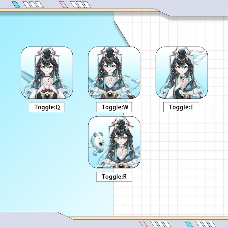 May include: A digital illustration featuring four character portraits with the text "Toggle:Q", "Toggle:W", "Toggle:E", and "Toggle:R". Each portrait depicts a woman with long black hair, wearing a detailed outfit with a decorative headpiece. The background is a light blue gradient.