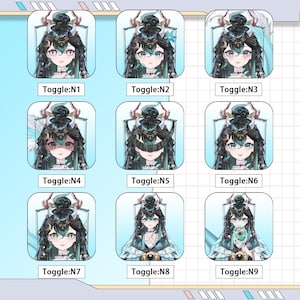 May include: Nine variations of a digital art character with long black hair, green eyes, and ornate headwear. Each image is labeled with "Toggle:N" followed by a number. The character's expression and accessories change in each panel, showcasing different design options.