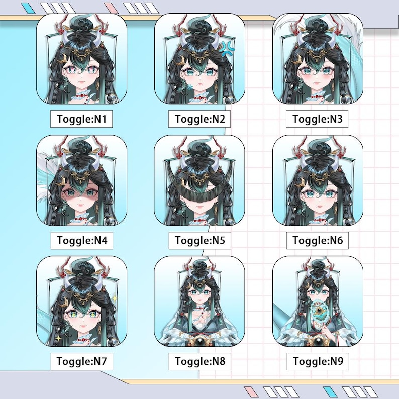May include: Nine variations of a digital art character with long black hair, green eyes, and ornate headwear. Each image is labeled with "Toggle:N" followed by a number. The character's expression and accessories change in each panel, showcasing different design options.
