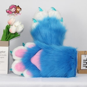 Pelzige Handpfoten | Blaue Katze Handpfoten | Weiche Kunstpelz Handschuhe | Cosplay Charakter Hände | Konventionelles Kostümzubehör | Langhaar Pfoten