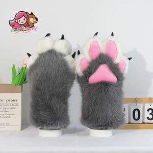 Faux Fur Animal Paws for Furry | Cosplay Fursuit Handpaws | Animal Paw | Customizable Claws | LARP Costume Gloves | Gray Cat Paw