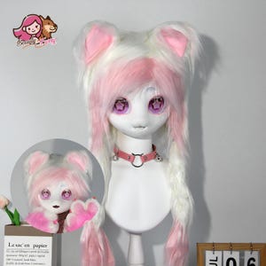 Masque de chat Fursuit personnalisé pour cosplay,Masque kig de chat rose et blanc,Événements à thème et Halloween,Conventions à fourrure,Masque de costume d'animal mignon