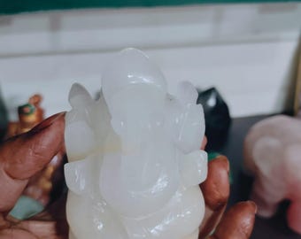 White Quartz Ganesh Statue: Hand-Carved Hindu God Idol