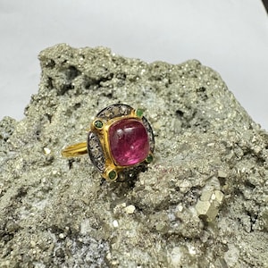 Vergoldeter Sterling Silber Ring: Rubin & Smaragd Edelstein Schmuck