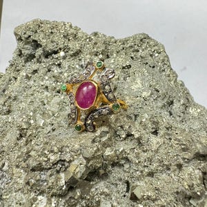 Vergoldeter Sterling Silber Ring: Rubin & Smaragd Edelstein, Traditioneller Indischer Schmuck