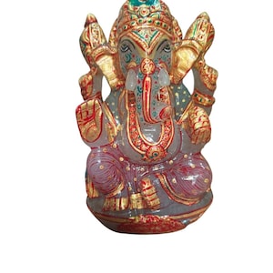 Hand-Carved Rose Quartz Ganesh Statue: Gold Accents, Remover of Obstacles