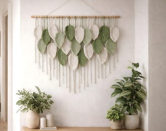 Tapiz de pared con hojas de macramé hecho a mano, decoración de pared tejida bohemia, tapiz bohemio de algodón