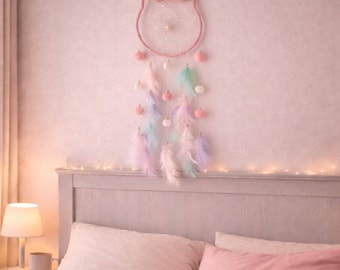 Pastel Dream Catcher, Boho Nursery Accent, Moon Star Cat Feather Ornament