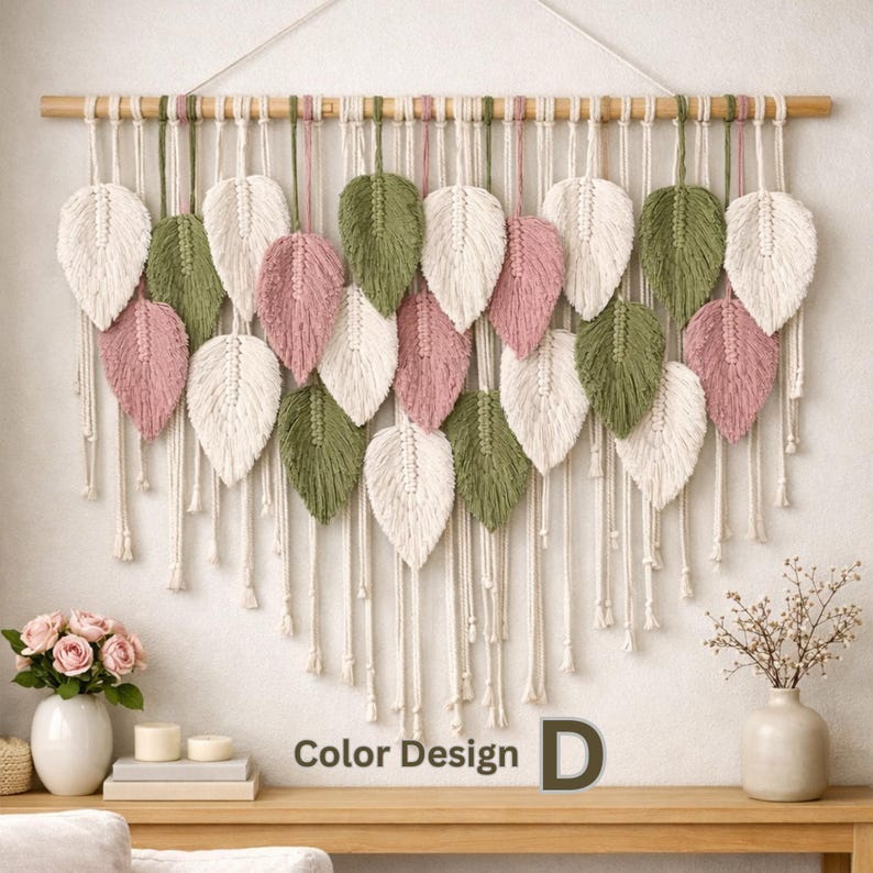 View of Handmade Macrame Leaf Wall Hanging, Boho Woven Wall Decor, Cotton ...