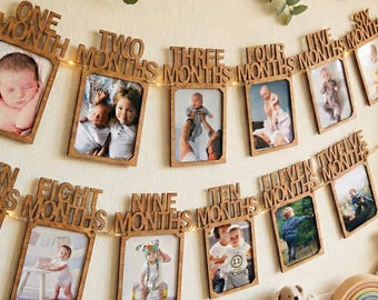 Archivo SVG de pancarta con fotos de 12 meses / Guirnalda para el primer cumpleaños / Archivo láser para Glowforge / Decoración de guardería / Guirnalda con fotos de bebé de 12 meses