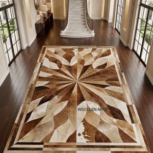 Sunburst Medallion Cowhide Patchwork Area Rug Brown White Leather Geometric Hide Rug Mid-Century Custom Decor available in different sizes