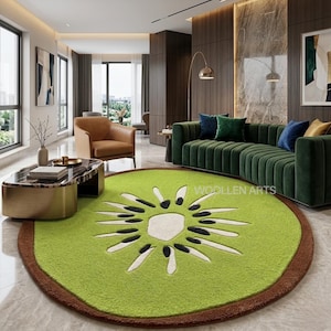 Handmade Kiwi Round Wool Rug, Cute Fruit Shape Hand Tufted Custom Wool Carpet for Kids Room and Aesthetic Home Decor