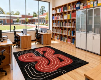 Handmade Abstract Wool Rug, Modern Geometric Red Black Carpet