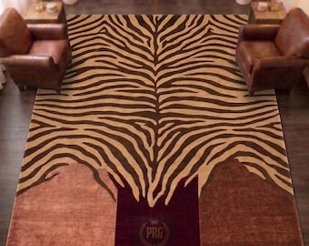 Hand-Tufted Wool Zebra Rug – Modern Safari Style, Brown Beige Burgundy Area Rug