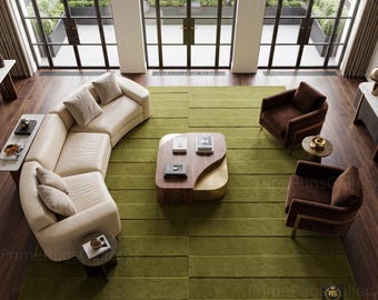 May include: A large rectangular olive green area rug with horizontal textured stripes, featuring a curved cream-colored sectional sofa, two dark brown armchairs, and a two-tiered wooden and gold coffee table arranged in a spacious living room.