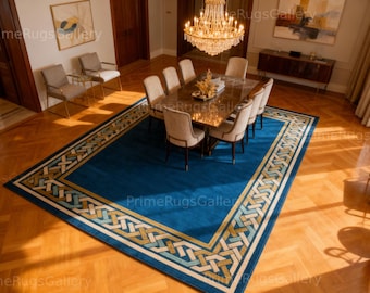 Hand Tufted Blue Wool Area Rug, Celtic Border, New Zealand Carpet