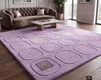 Hand-Tufted Lavender Wool Geometric Rug, Modern Sculpted Area Carpet (100% New Zealand Wool)