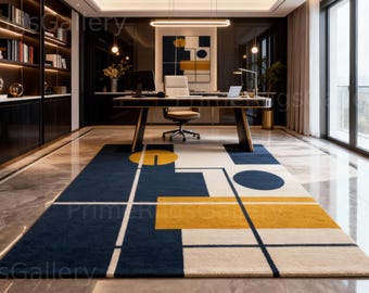 Hand-tufted Geometric Wool Rug, Navy Blue Abstract Mid Century Carpet