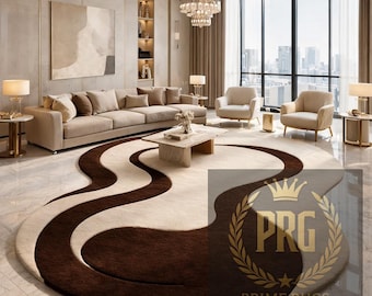 Hand-Tufted Wool Rug: Chocolate Brown Abstract Wave, Modern Area Carpet