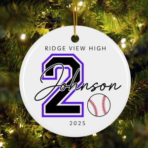 Personalized baseball ornament, custom jersey number ornament, high school sports Christmas gift, team player ornament, senior night gift