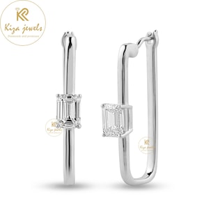 Diamond Hoop Earrings 0.64ct Emerald Cut Lab Grown Diamond, Wedding Jewelry For her, Party Wear Earring