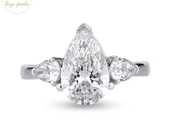 Lab Grown 3.67ct Pear Diamond Three Stone Ring, Wedding Jewelry