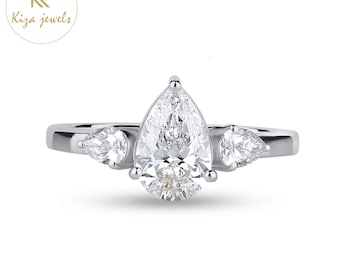 Pear Cut Lab Grown Diamond Three Stone Engagement Ring