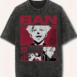 Vintage anime-T-shirt met wassing | Ban T-shirt met grafische print, oversized streetwear