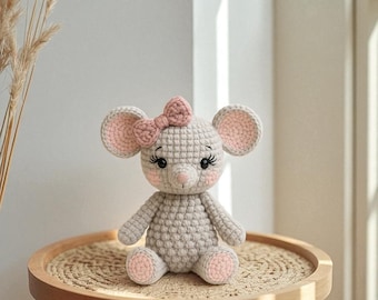 Crochet Mouse Plush Doll – Cute Amigurumi Girl Mouse with Bow, Soft Handmade Stuffed Animal for Your Love or Nursery Decor