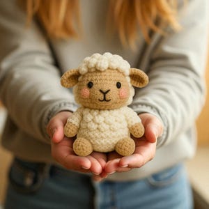 May include: A handmade crochet sheep doll with a cream-colored body, tan ears and legs, and a fluffy head. The sheep has a black 'Y' shaped mouth, black eyes, and pink cheeks. The doll is held in cupped hands.