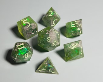 Ray of Sickness Dice Set- Sharp Edge Green and Silver Holographic D&D dice