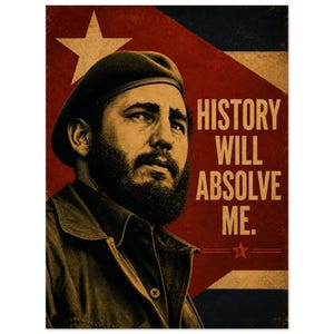 May include: A poster featuring a portrait of Fidel Castro wearing a beret and jacket. The background displays a stylized Cuban flag in red, white, and blue with a distressed texture. The text reads, "HISTORY WILL ABSOLVE ME." in bold letters.