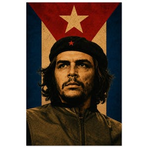 May include: A portrait of Che Guevara wearing a dark beret with a small red star, set against a background featuring the Cuban flag with its blue and white stripes, a red triangle, and a large white star, all rendered in a vintage, textured style.
