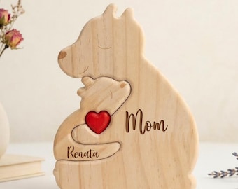 Personalized Wooden Bear Puzzle, Custom Family Name Decor, Mothers Day Gift for Mom, New Mom Keepsake, Baby Shower Gift