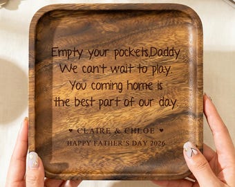 Vassoio portaoggetti personalizzato per papà, regalo personalizzato "Svuota le tasche papà", contenitore in legno e pelle inciso, regalo di compleanno per la festa del papà dai figli