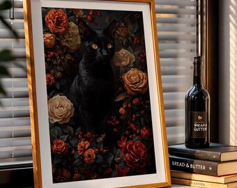 Gothic schwarze Katze & Rosen Wand Kunst: Hexe Vertraute Halloween Dekoration (Digitaler Download)