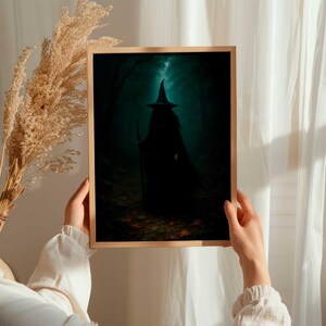 Stampa artistica di una strega autunnale: decorazione di Halloween in stile dark gothic fantasy (download digitale)